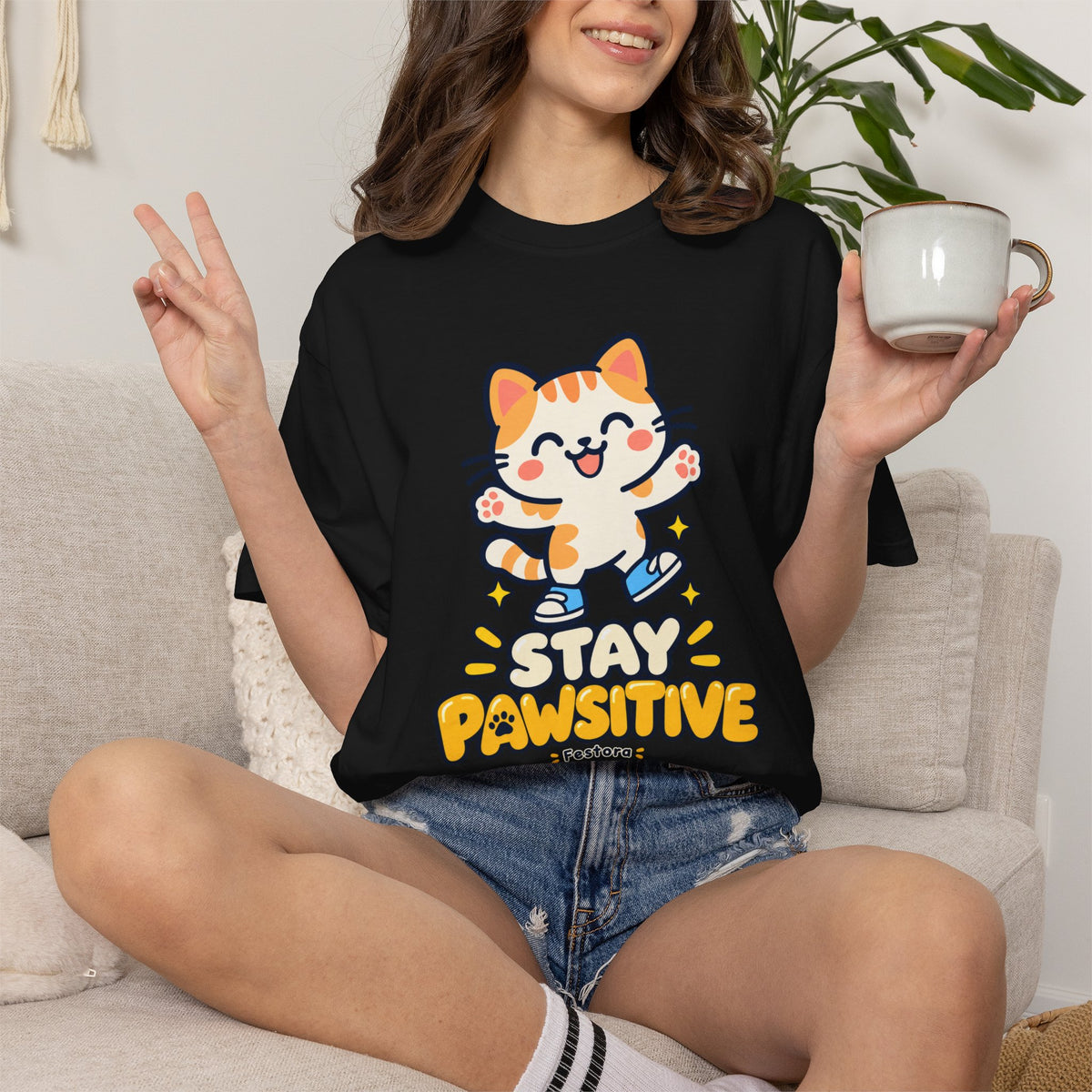 Stay Pawsitive – Cute Happy Cat Graphic T-Shirt