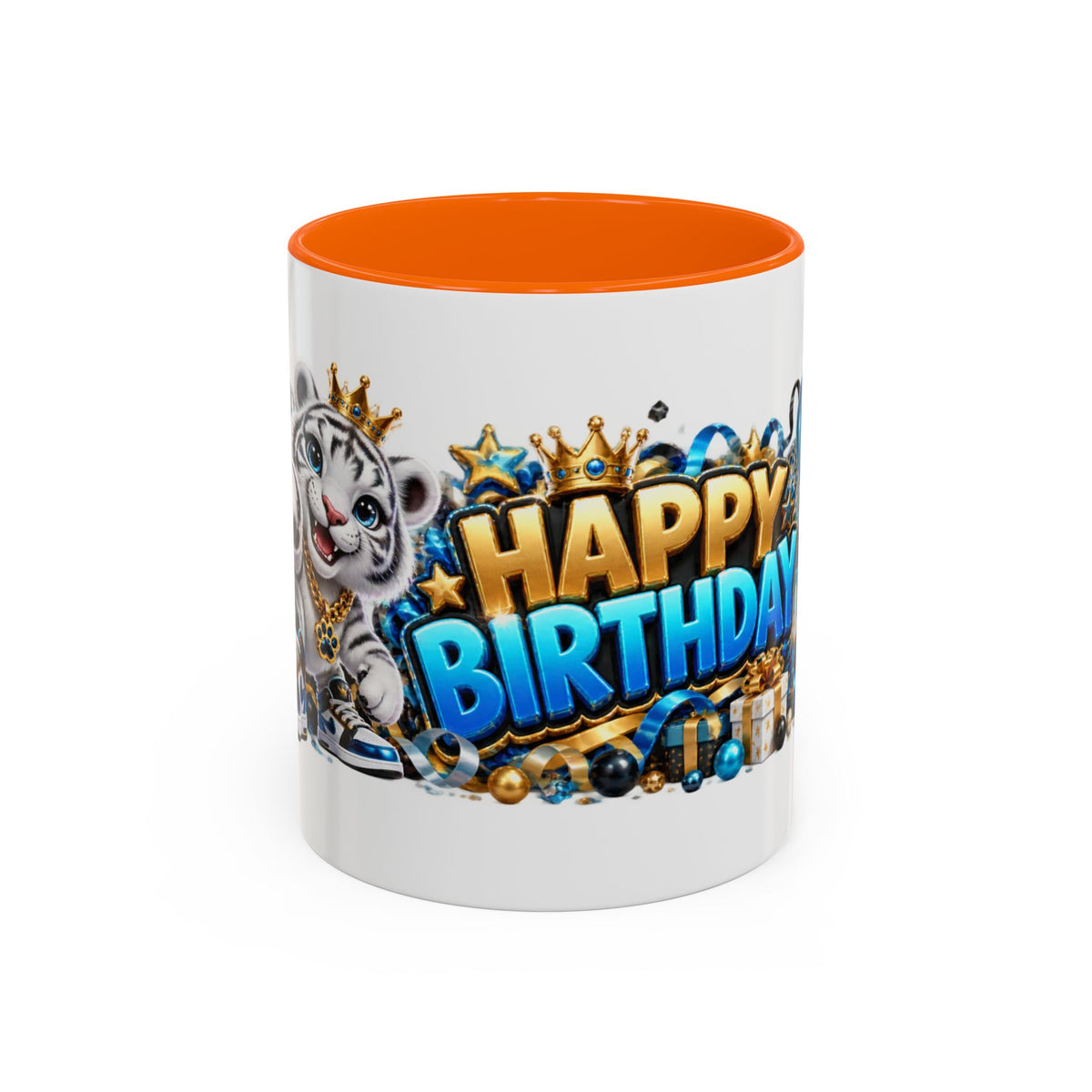 Happy Birthday White Tiger Mug – Colorful 3D Birthday Gift – White Coffee Mug