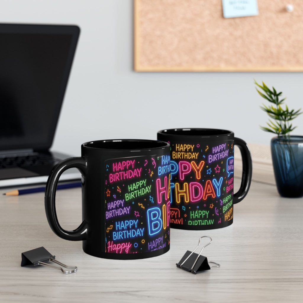 Happy Birthday Neon Typography Mug — Colorful Black Celebration Cup