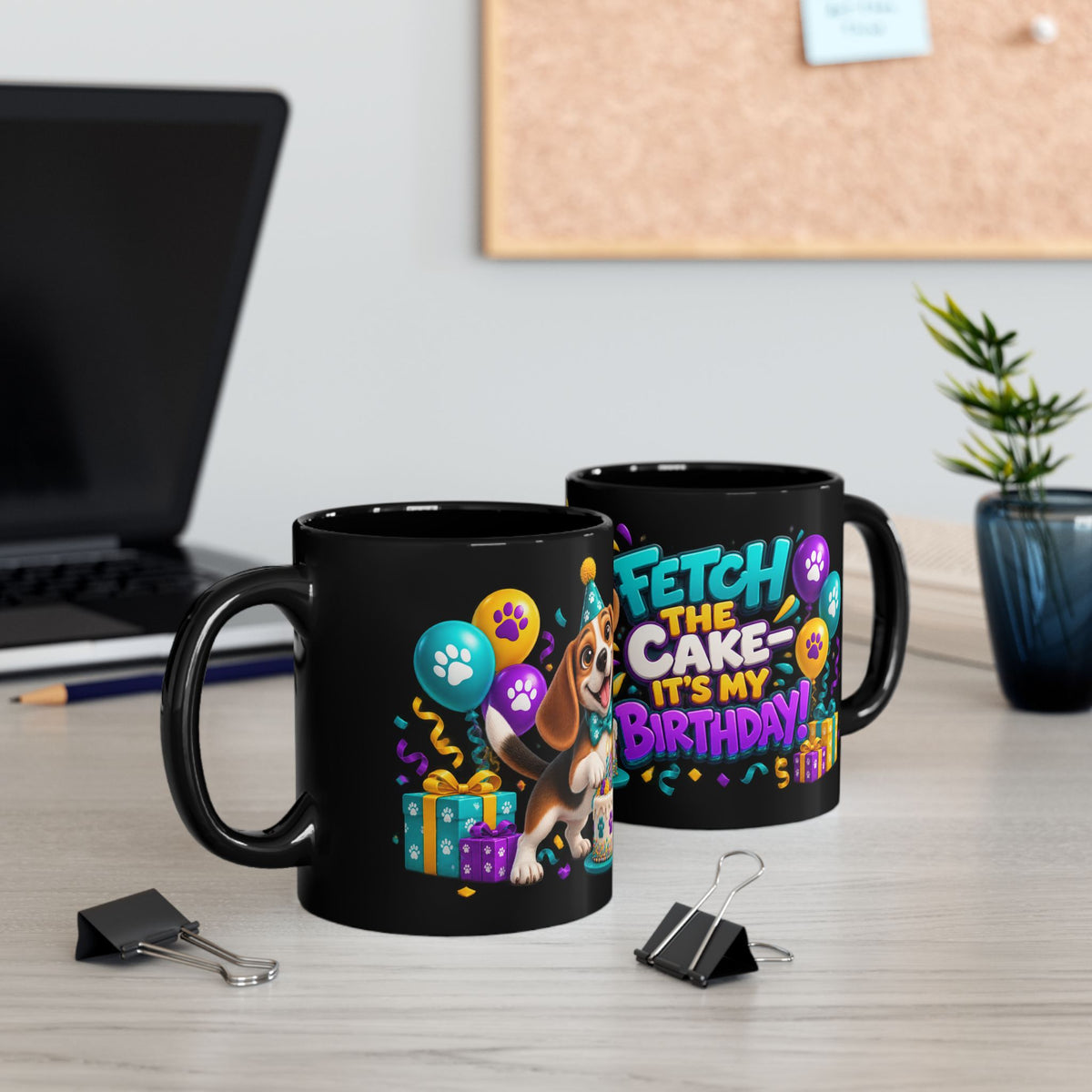 Beagle Birthday Mug – Fetch the Cake Black Ceramic Coffee Cup
