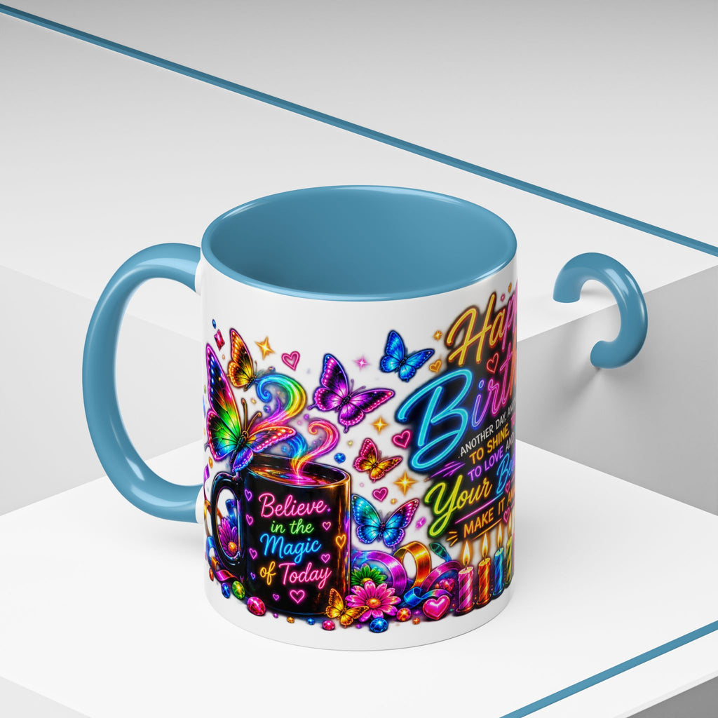 Birthday Coffee Mug – Colorful "Happy Birthday" Gift Mug with Butterflies & Candles