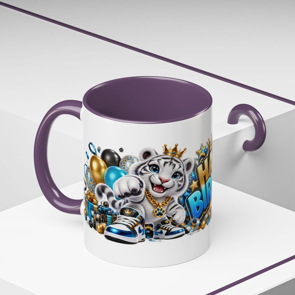 Happy Birthday White Tiger Mug – Colorful 3D Birthday Gift – White Coffee Mug