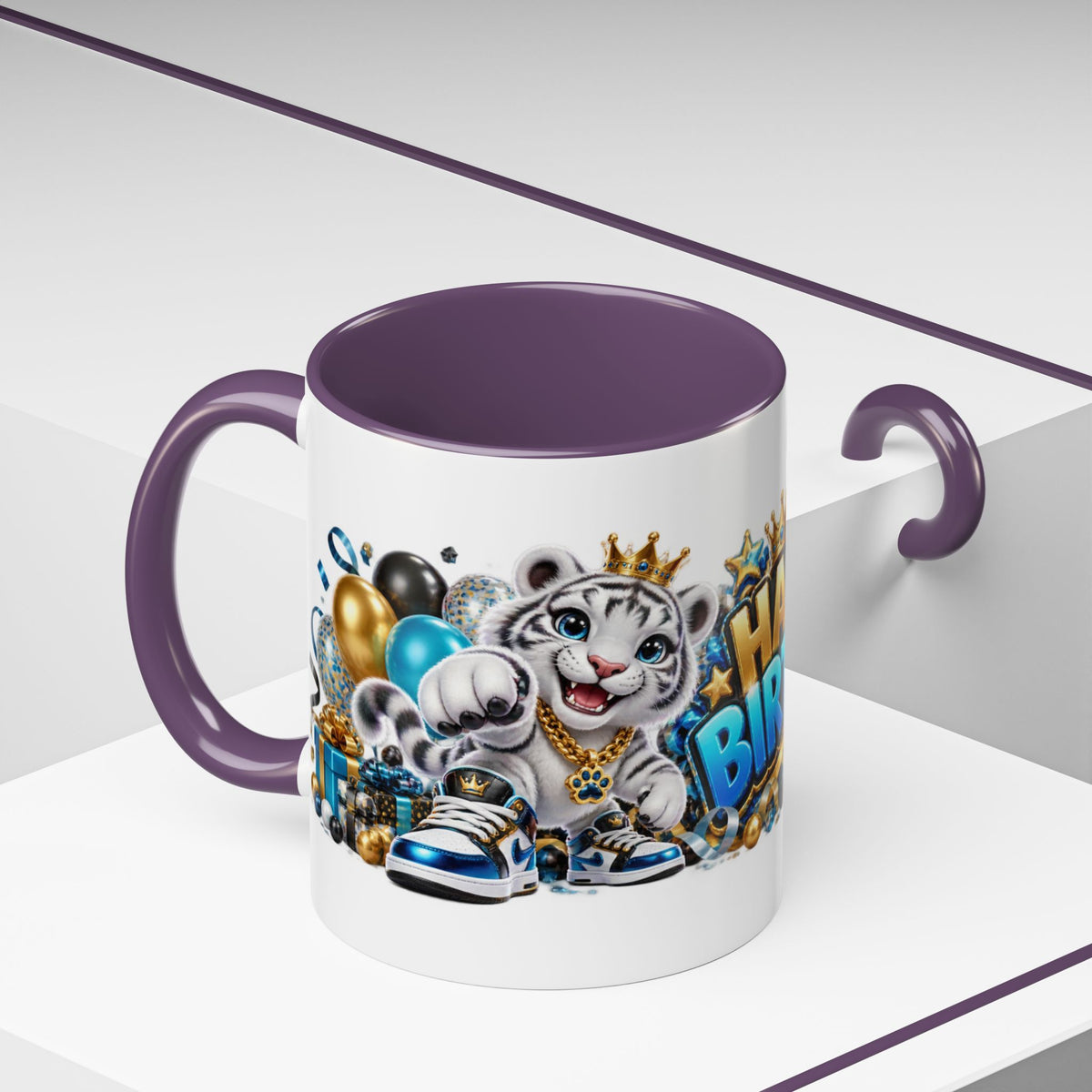Happy Birthday White Tiger Mug – Colorful 3D Birthday Gift – White Coffee Mug
