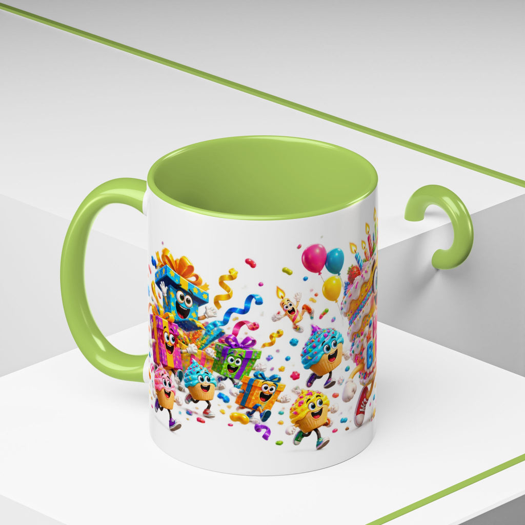 Birthday Party Coffee Mug – Colorful Happy Birthday Cake & Balloon Design (11/15oz Accent Mug)