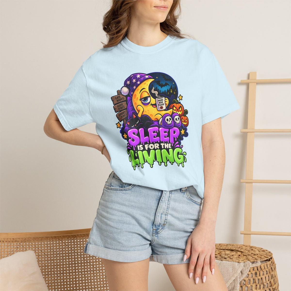 Sleep Is for the Living – Funny Halloween Moon T-Shirt