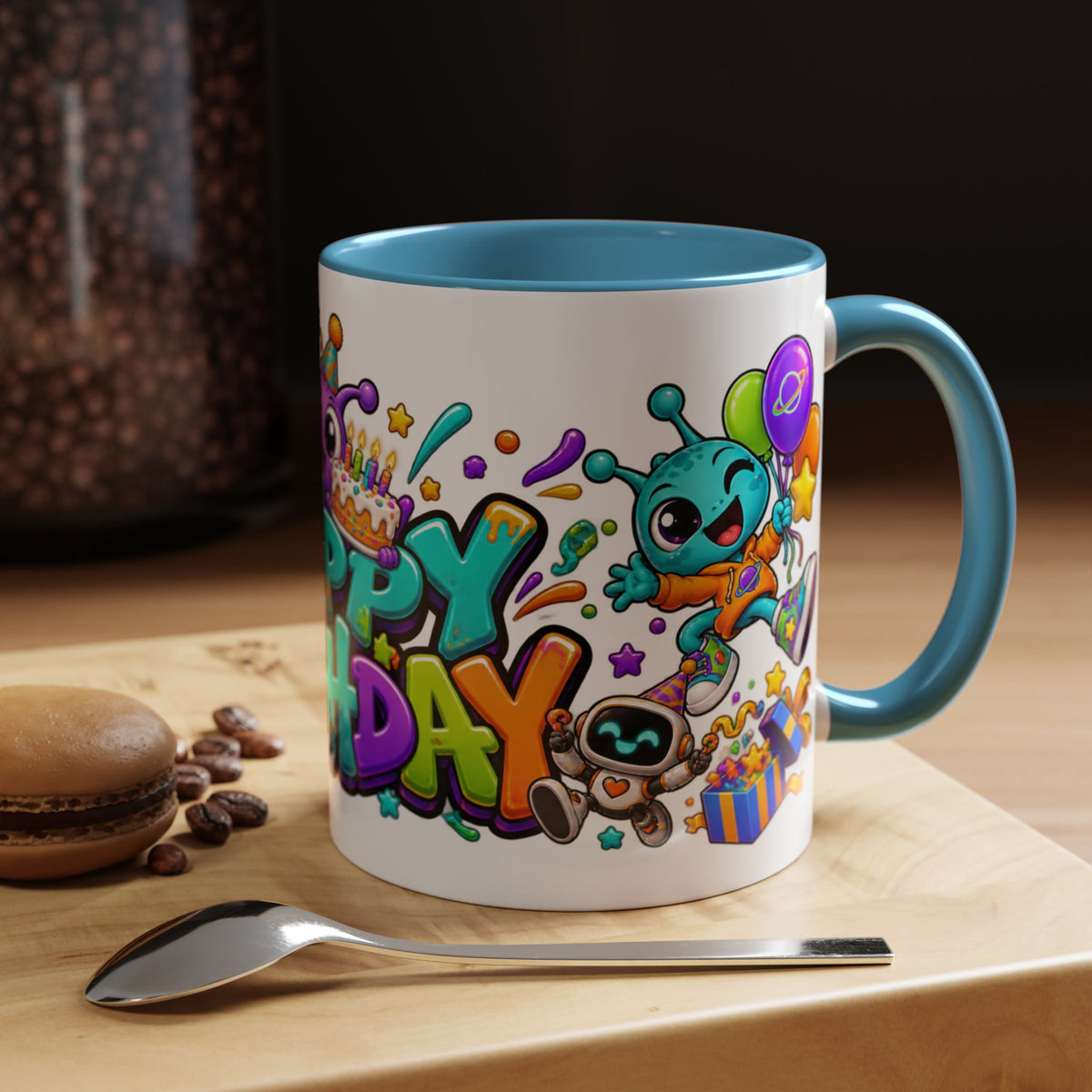 Happy Birthday Alien Mug – Colorful Space Party Cup with Cute Aliens & Robots