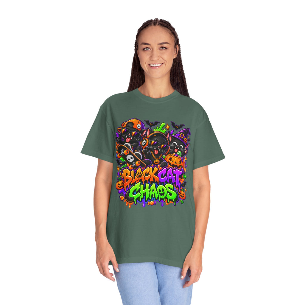 Neon Black Cat Halloween Chaos T-Shirt | Cute Spooky Cat Graphic Tee