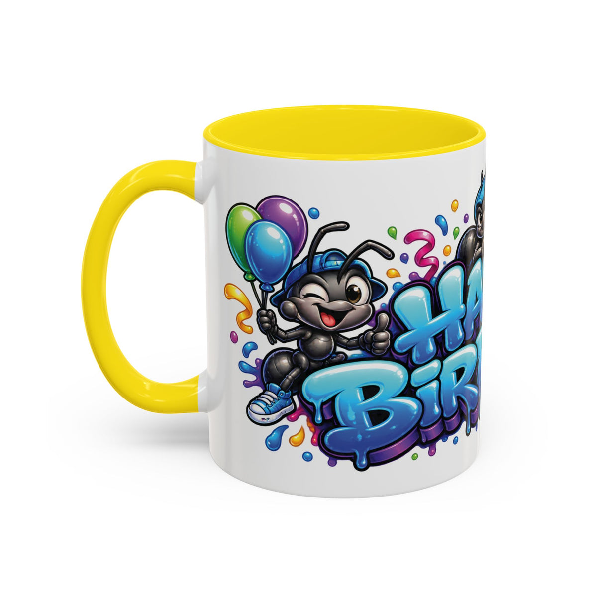 Happy Birthday Cartoon Mug – Graffiti Ants, Birthday Cake, Balloons & Confetti Coffee Cup
