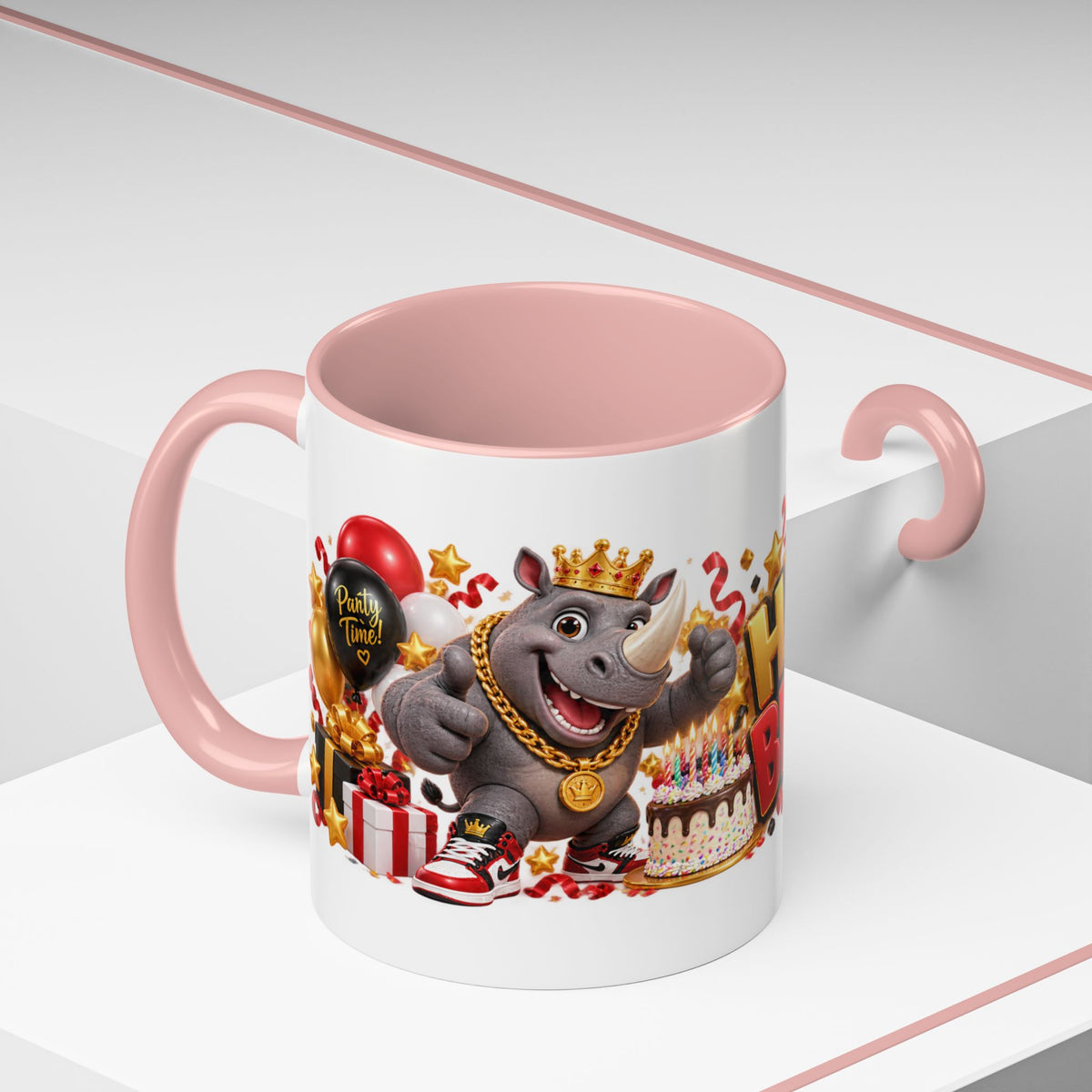 Happy Birthday Rhino Mug – Colorful 3D Birthday Gift – White Coffee Mug