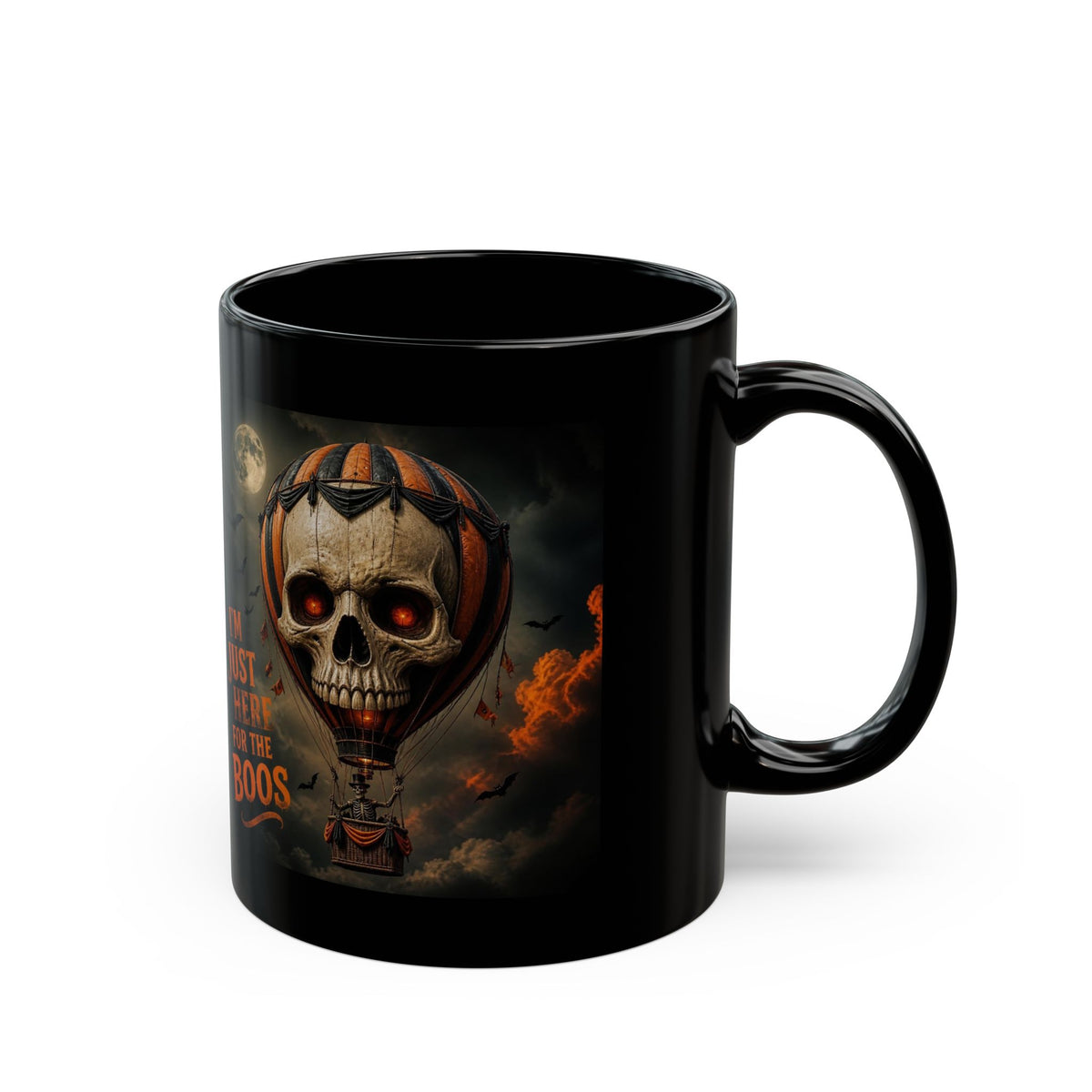 Halloween Skull Hot Air Balloon Mug — "I'm Just Here for the Boos" Black Coffee Cup