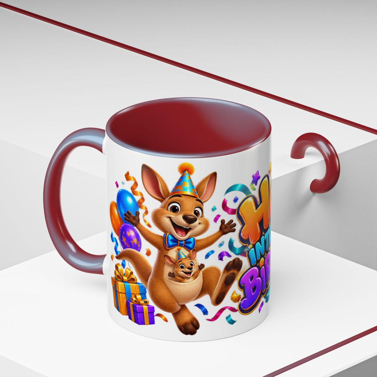Hop Into Your Birthday White Mug – Cute Kangaroo Birthday Cup, Colorful Fun Party Gift