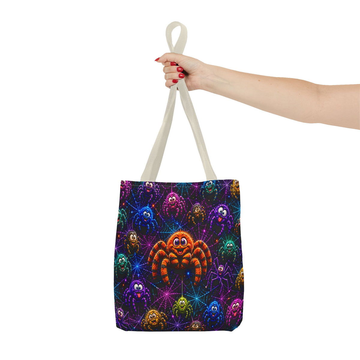 Colorful Crazy Spiders Halloween Tote Bag – Cute 3D Spider Web Pattern