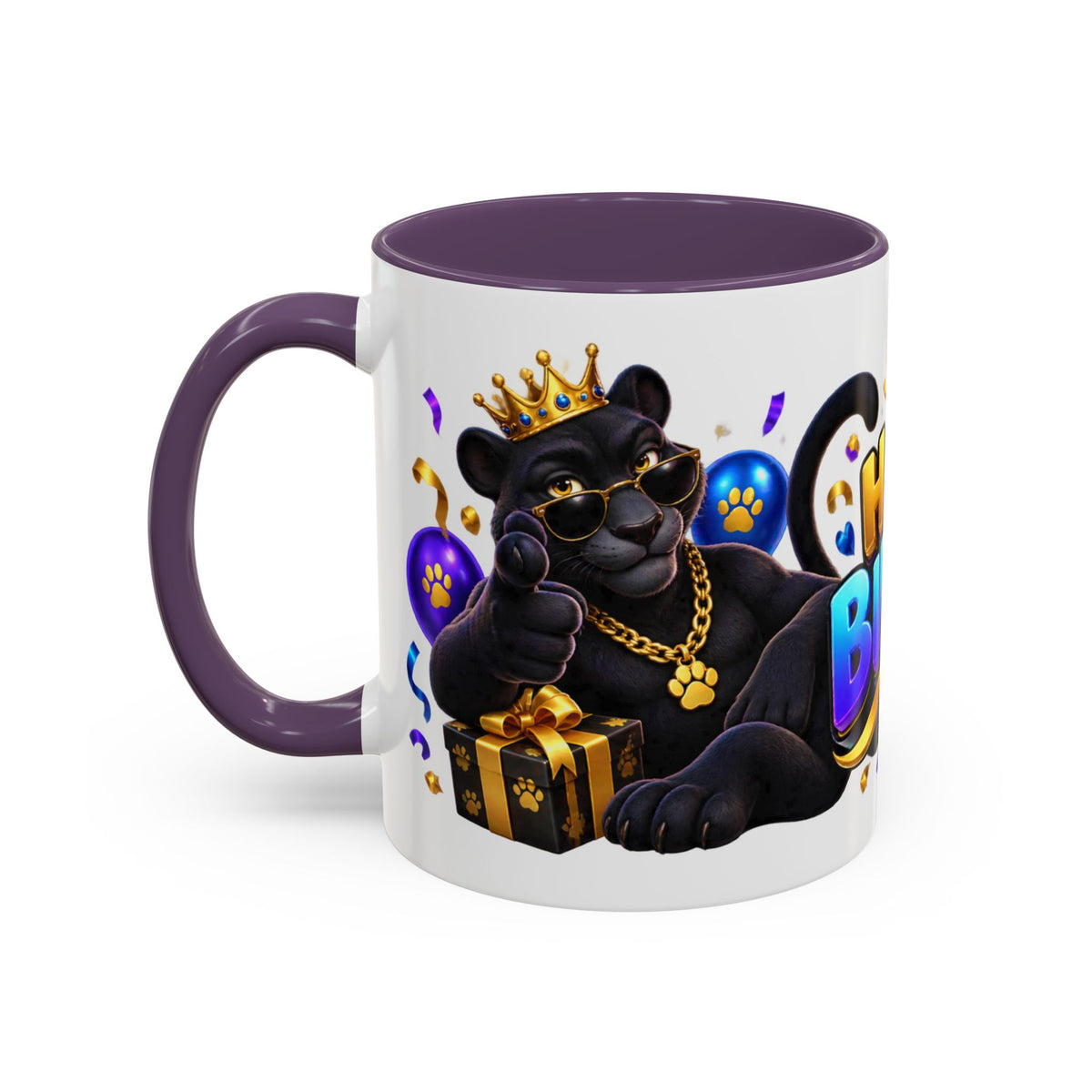 Black Panther Happy Birthday Mug – Purple Blue & Gold Birthday Gift – FestoraShop White Coffee Mug