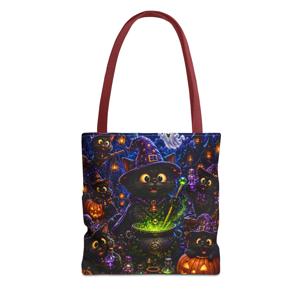 Halloween Black Cat Witches Tote Bag — Cute 3D Cats, Cauldron & Pumpkins Design