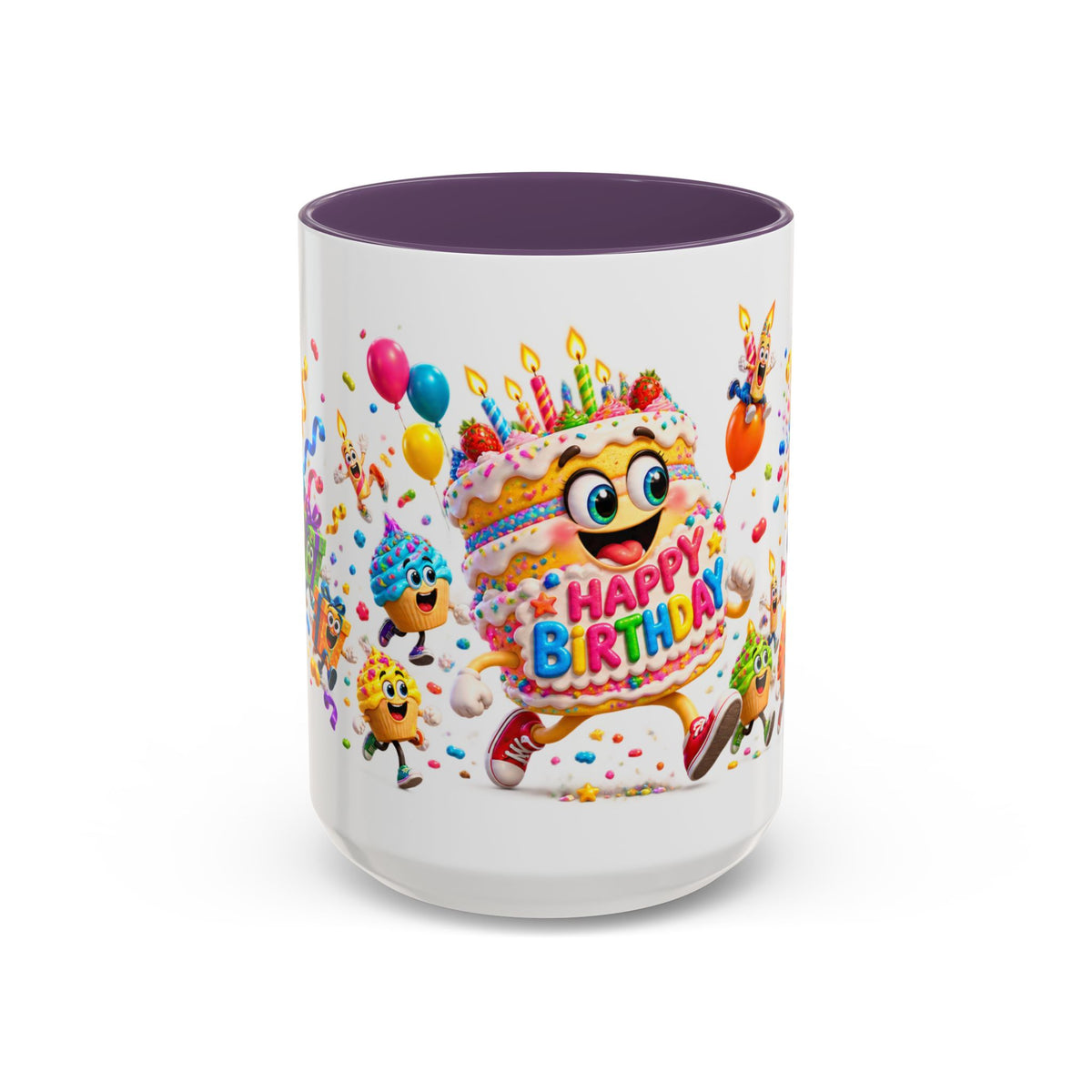 Birthday Party Coffee Mug – Colorful Happy Birthday Cake & Balloon Design (11/15oz Accent Mug)