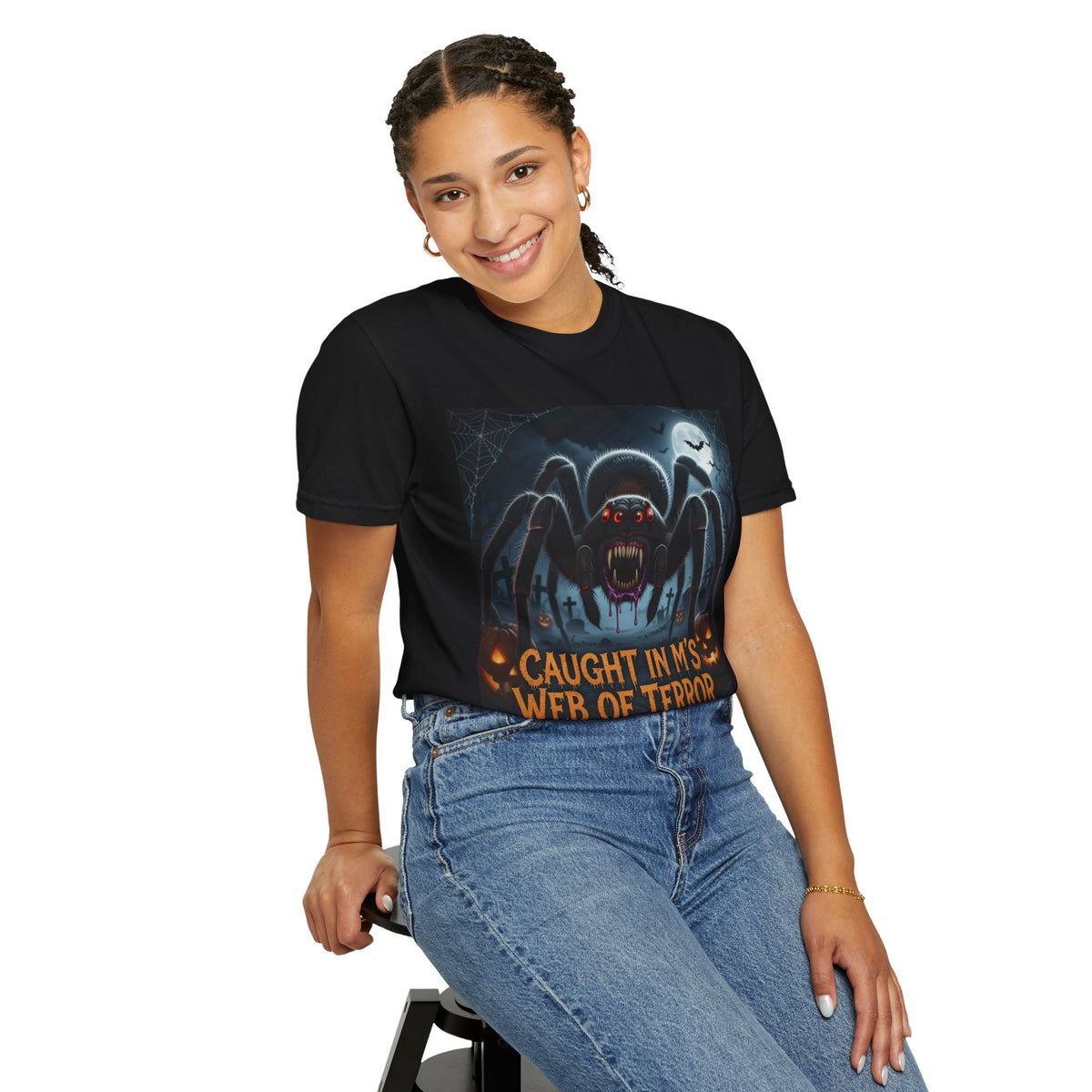 Spider Halloween T-Shirt — "Caught in M's Web of Terror" Horror Graphic Tee