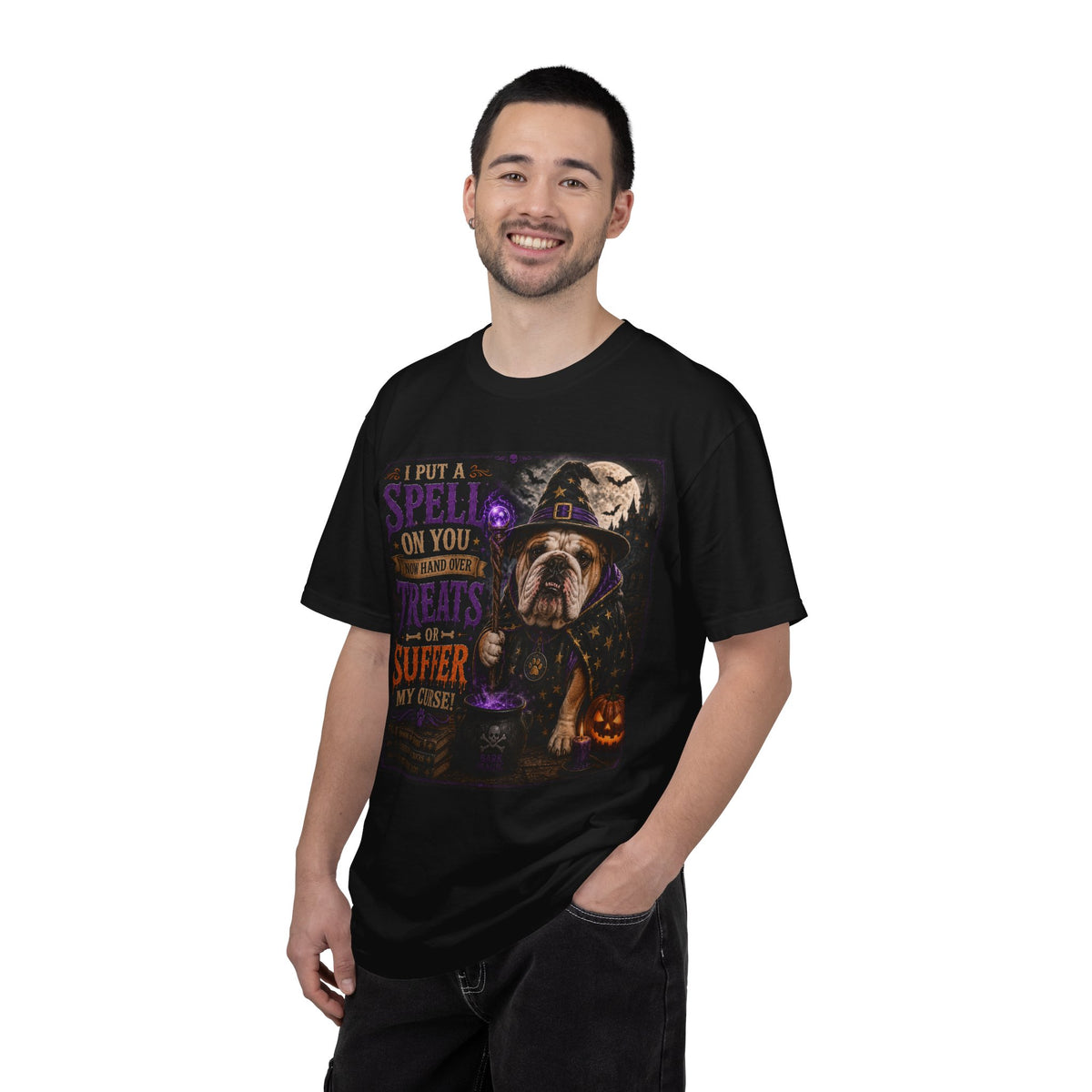 Halloween Bulldog Witch T-Shirt – "I Put a Spell on You" Spooky Dog Tee