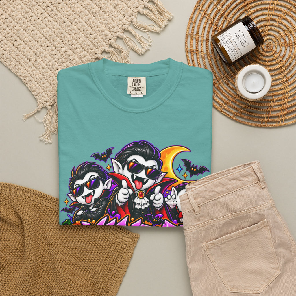 Neon Vampire Vibes Halloween Unisex Garment-Dyed T-Shirt Featuring a Cool Festora Vampire Crew