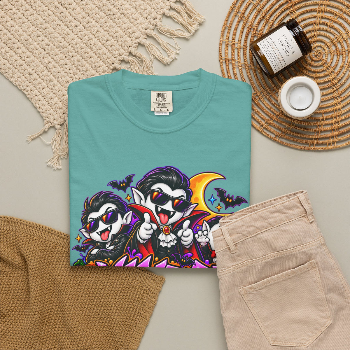 Neon Vampire Vibes Halloween Unisex Garment-Dyed T-Shirt Featuring a Cool Festora Vampire Crew