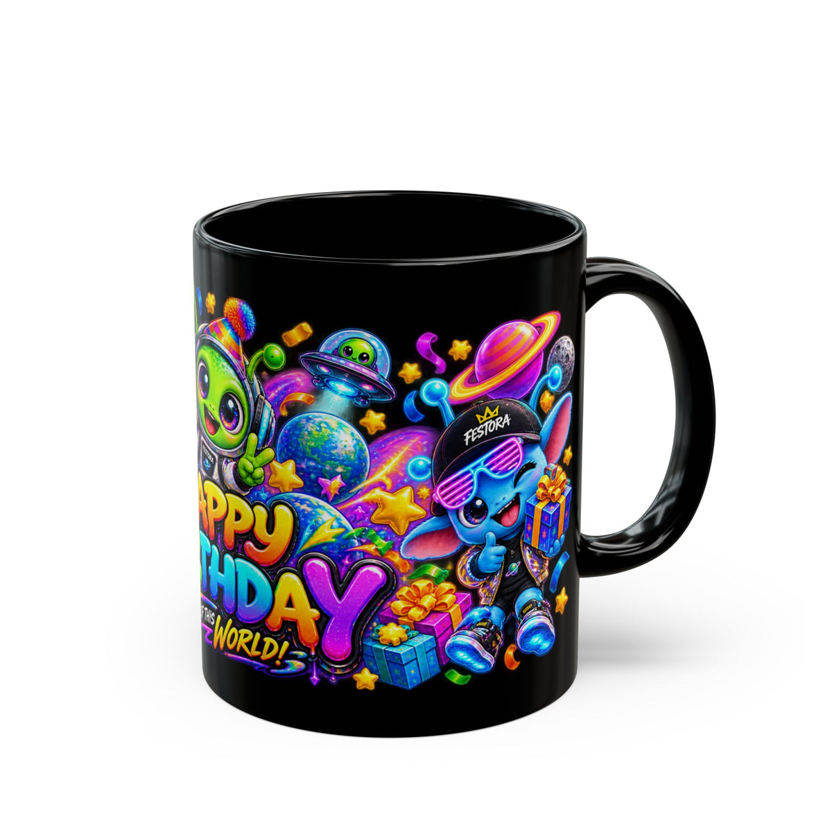 Happy Birthday Out Of This World Mug — Colorful Alien Birthday Coffee Cup