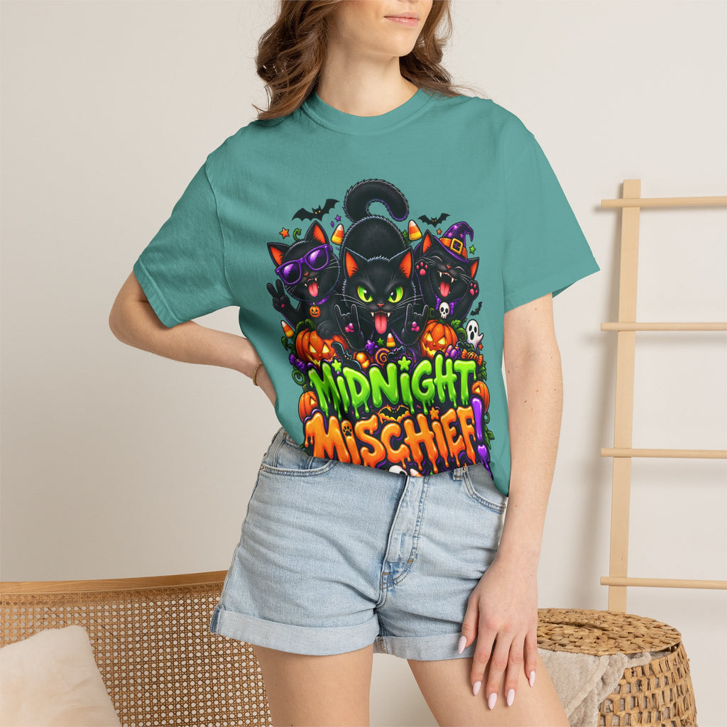Midnight Mischief Halloween T-Shirt – Funny Black Cat Graphic Tee