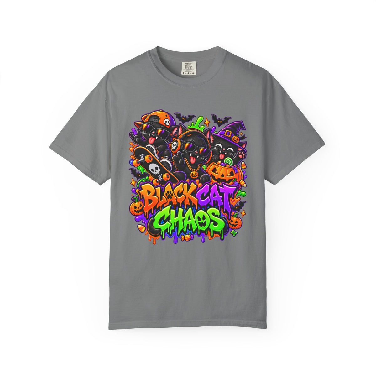 Neon Black Cat Halloween Chaos T-Shirt | Cute Spooky Cat Graphic Tee
