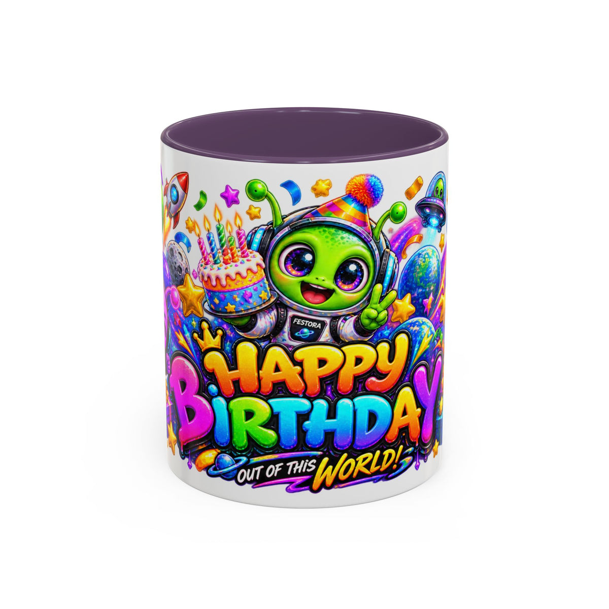 Happy Birthday Out of This World Accent Mug — Cute Alien Space Birthday Coffee Cup (11oz)