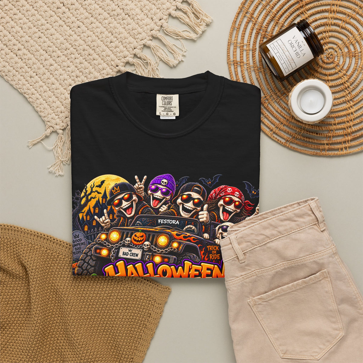 Halloween Crew T-Shirt – Skeleton Jeep Spooky Graphic Tee