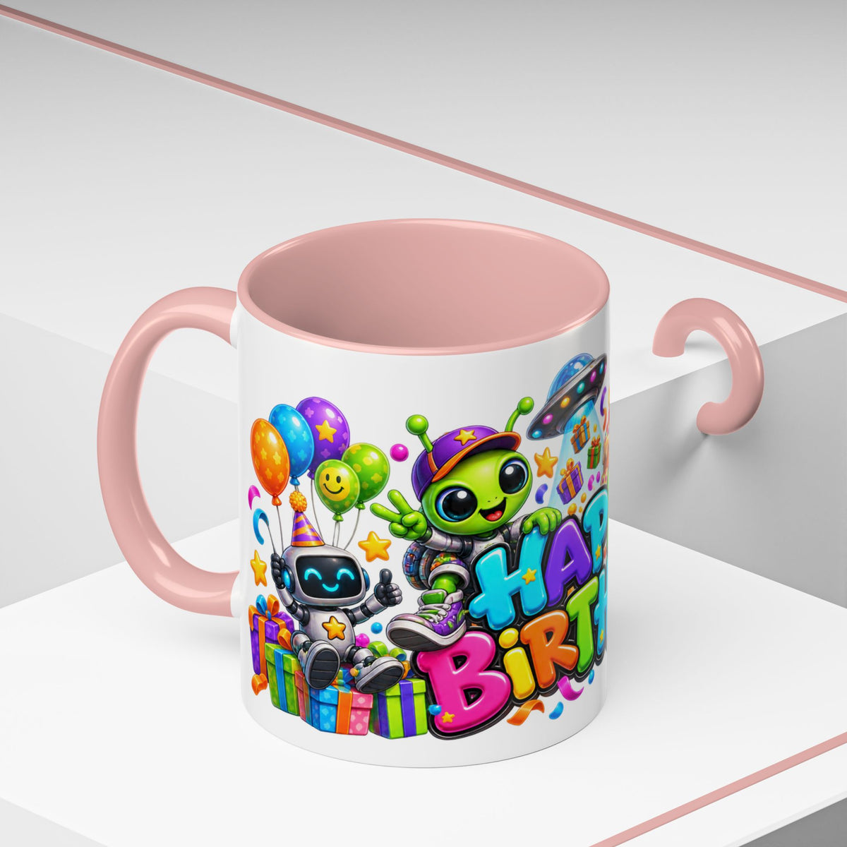 Happy Birthday Space Party Mug – Cute Aliens, Robots, UFO & Colorful 3D Birthday Design