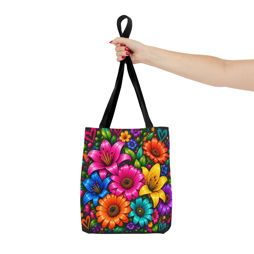 Festora Floral Burst Tote Bag — Colorful Flowers on Black