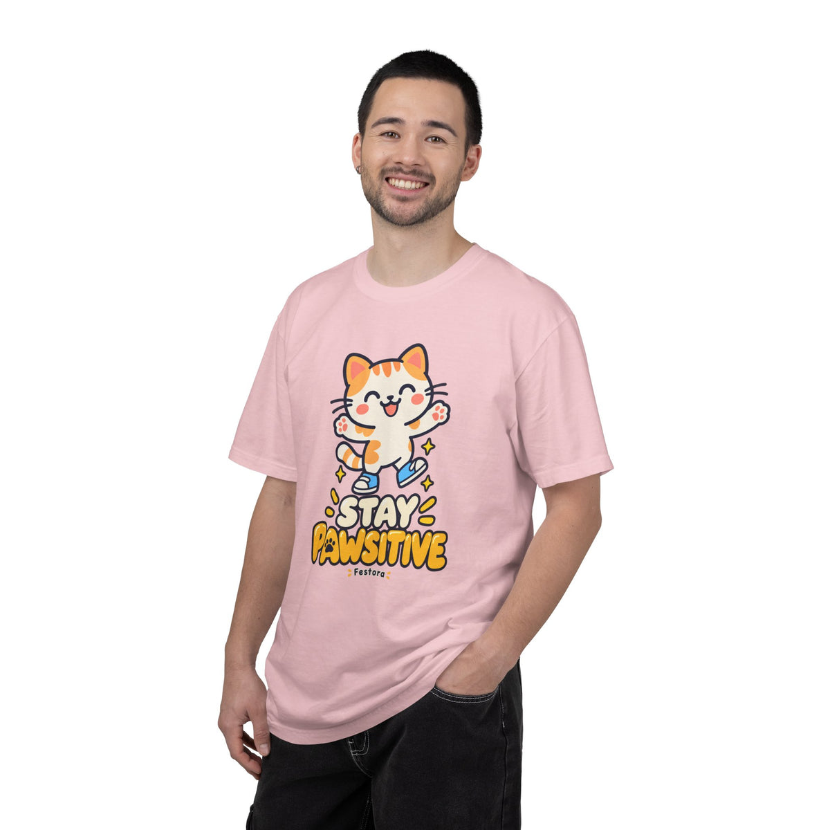 Stay Pawsitive – Cute Happy Cat Graphic T-Shirt