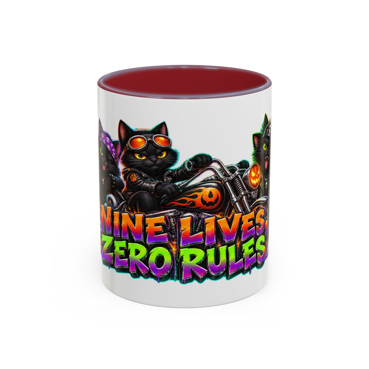 Nine Lives Zero Rules Biker Cats Halloween White Mug