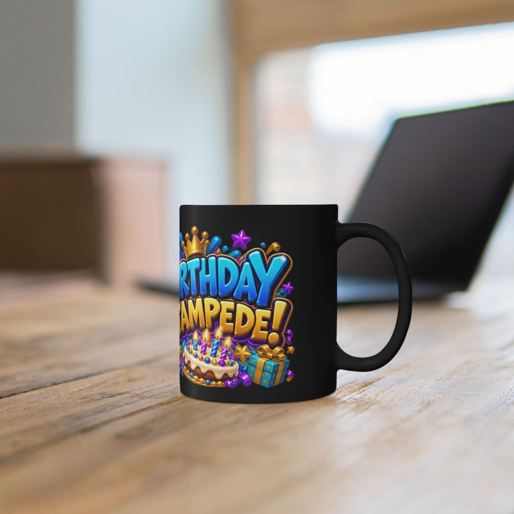 Birthday Stampede Black Mug – Funny Buffalo Birthday Cup, Colorful Party Gift