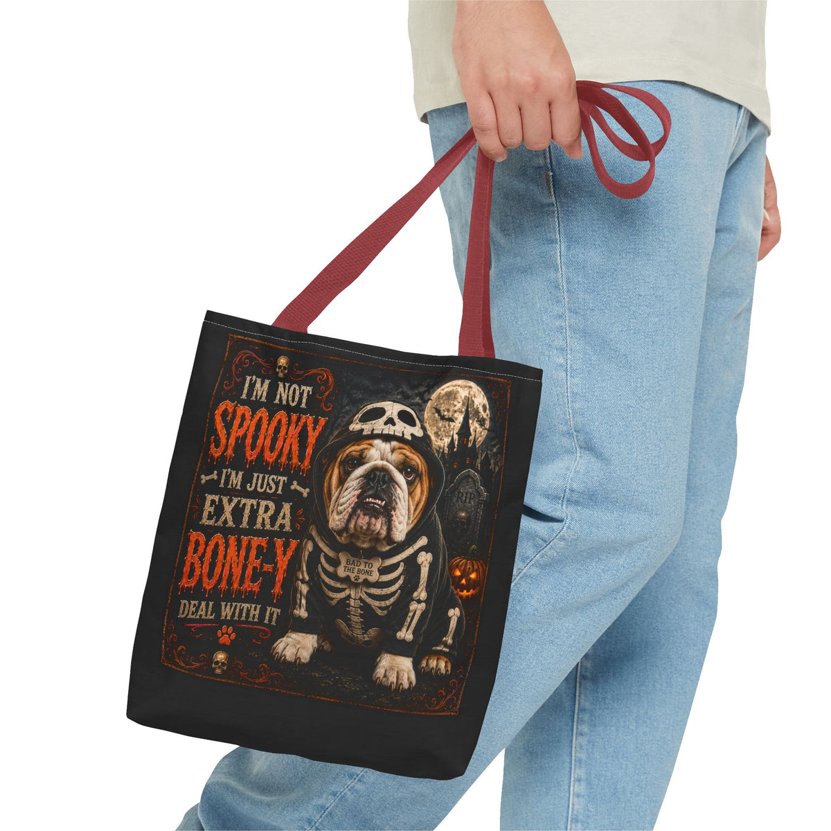 Halloween Bulldog Tote Bag – "I’m Not Spooky, I’m Just Extra Boney" All-Over Print