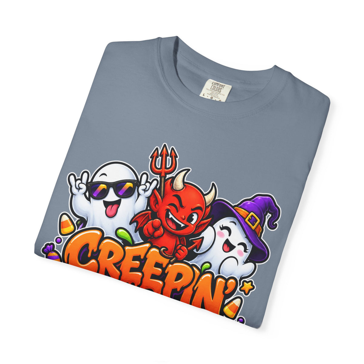 Creepin’ With My Crew Halloween T-Shirt – Colorful Funny Ghost & Devil Graphic Tee