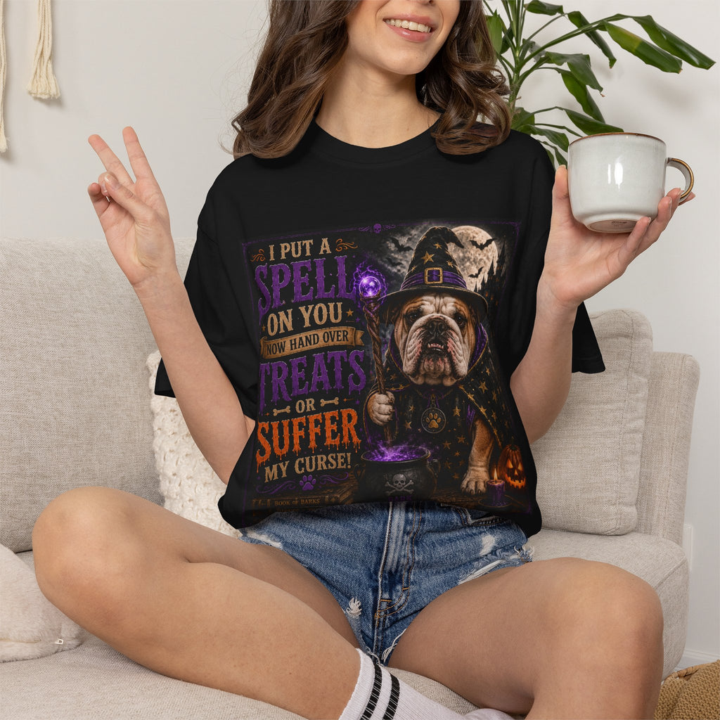 Halloween Bulldog Witch T-Shirt – "I Put a Spell on You" Spooky Dog Tee