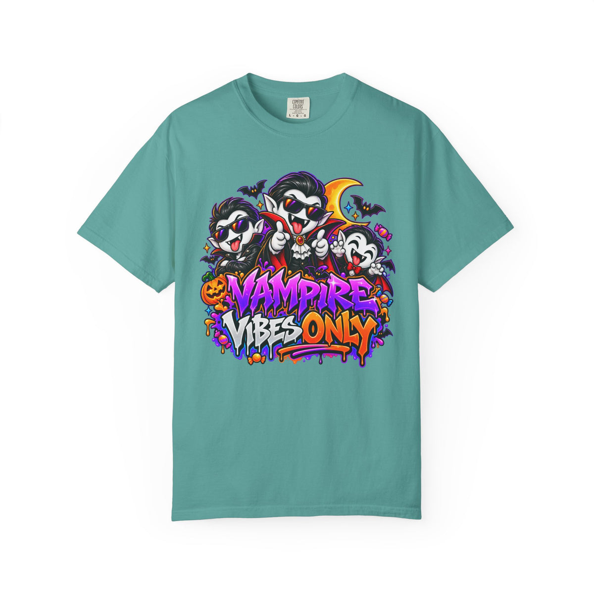 Neon Vampire Vibes Halloween Unisex Garment-Dyed T-Shirt Featuring a Cool Festora Vampire Crew