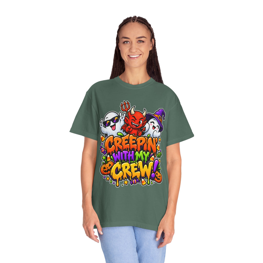 Creepin’ With My Crew Halloween T-Shirt – Colorful Funny Ghost & Devil Graphic Tee