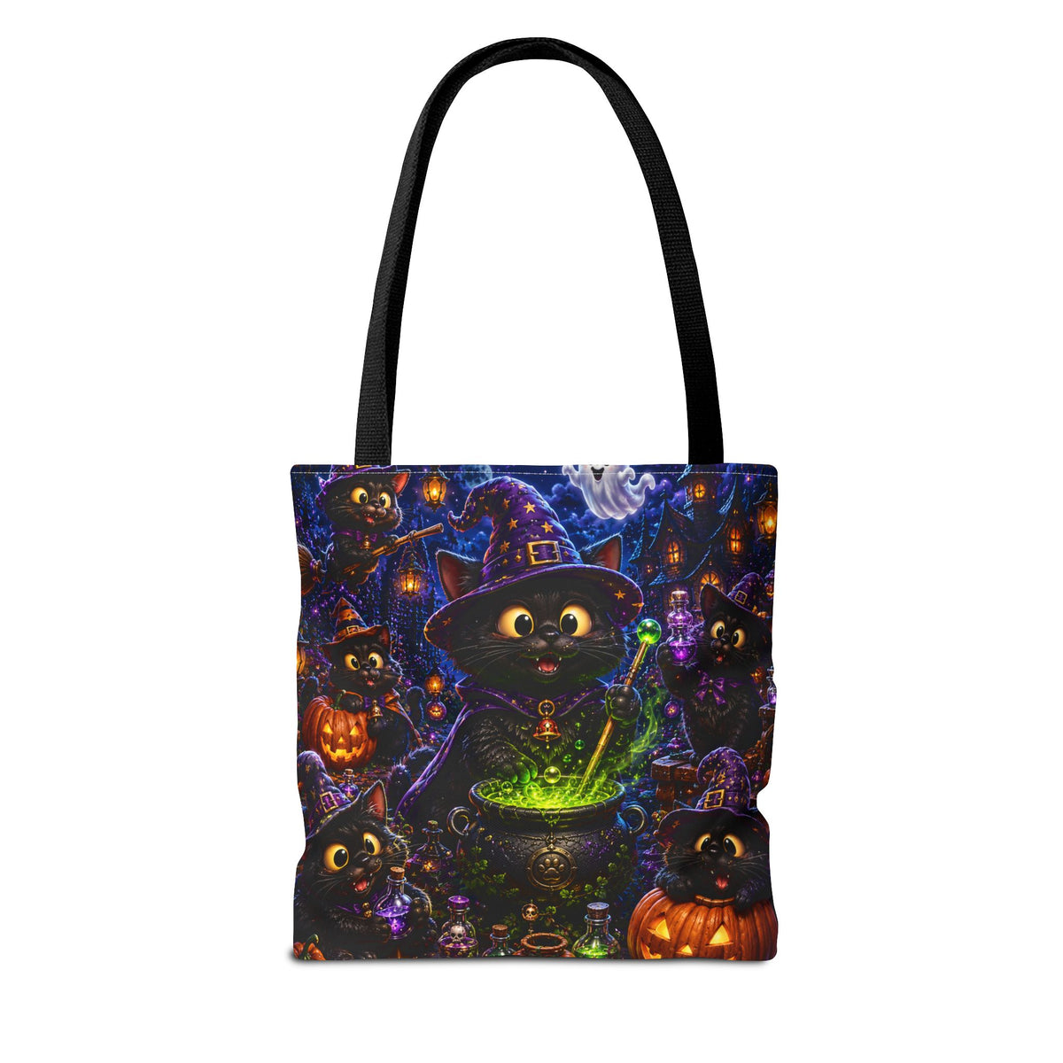 Halloween Black Cat Witches Tote Bag — Cute 3D Cats, Cauldron & Pumpkins Design