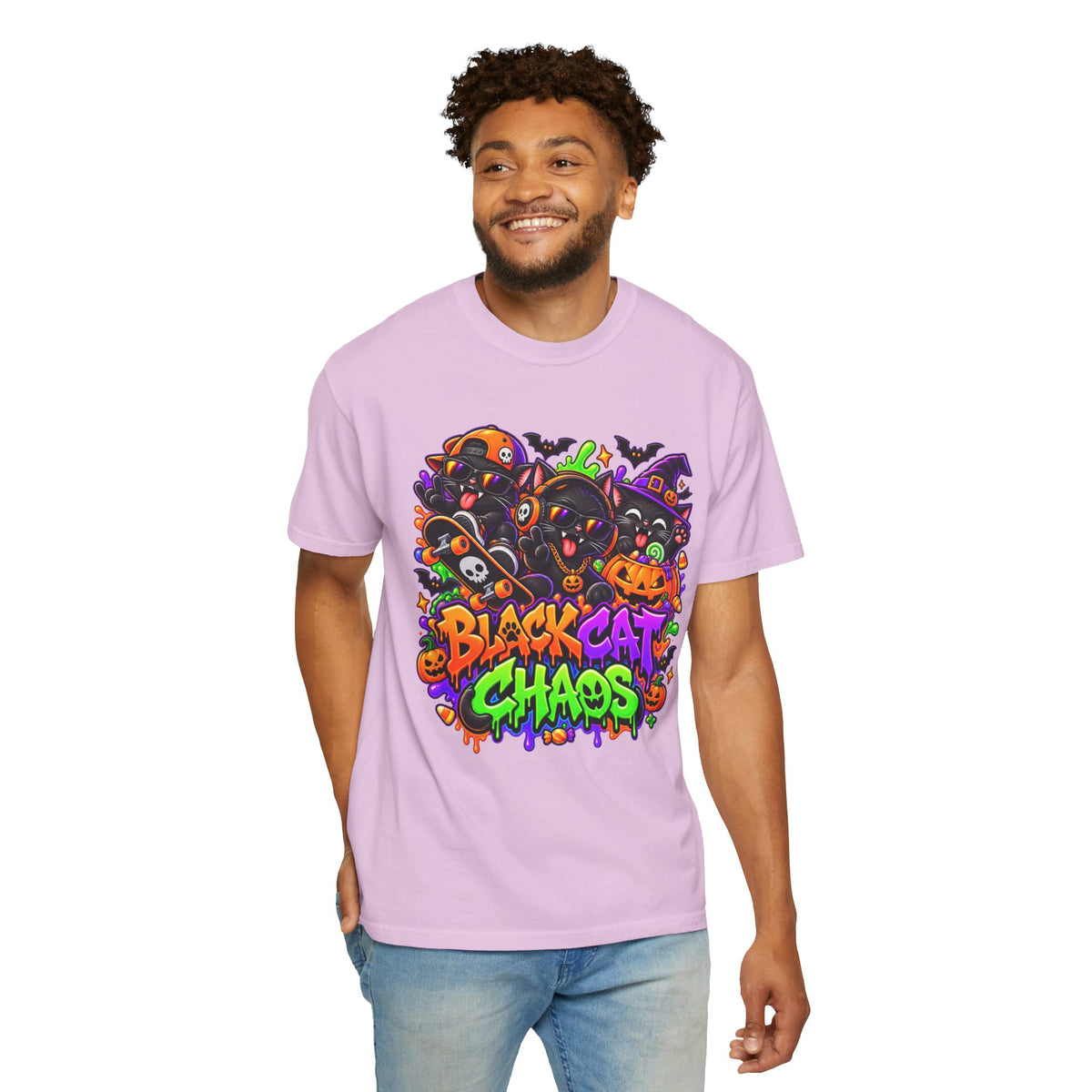 Neon Black Cat Halloween Chaos T-Shirt | Cute Spooky Cat Graphic Tee