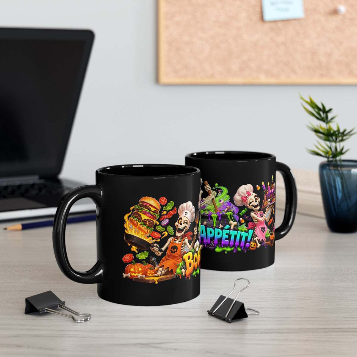 Bone Appetit Skeleton Chefs Halloween Black Mug