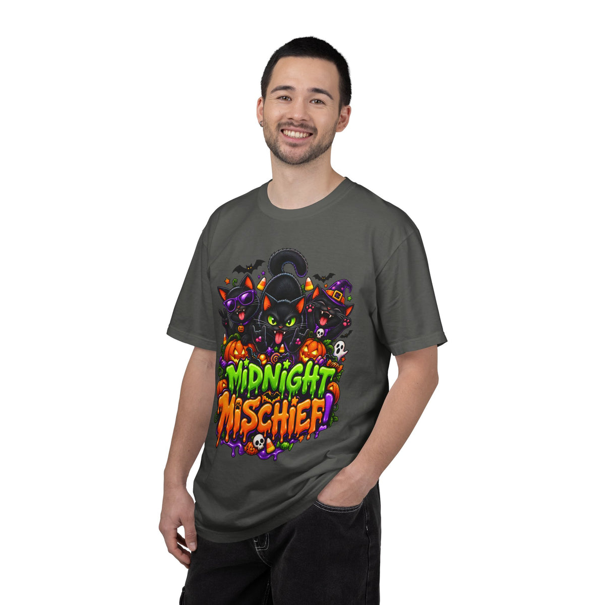 Midnight Mischief Halloween T-Shirt – Funny Black Cat Graphic Tee