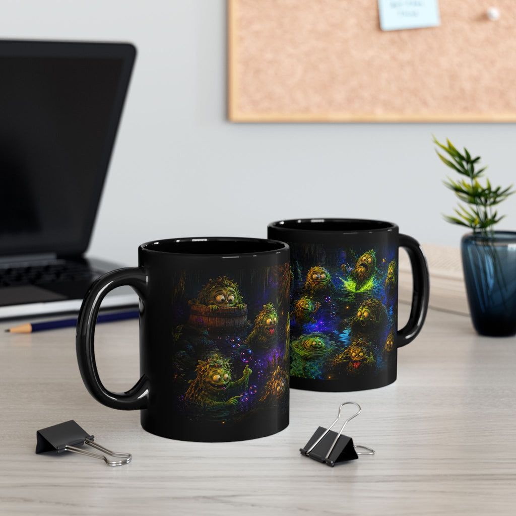 Fantasy Swamp Creatures Black Mug - Cute Mystic Bog Monsters