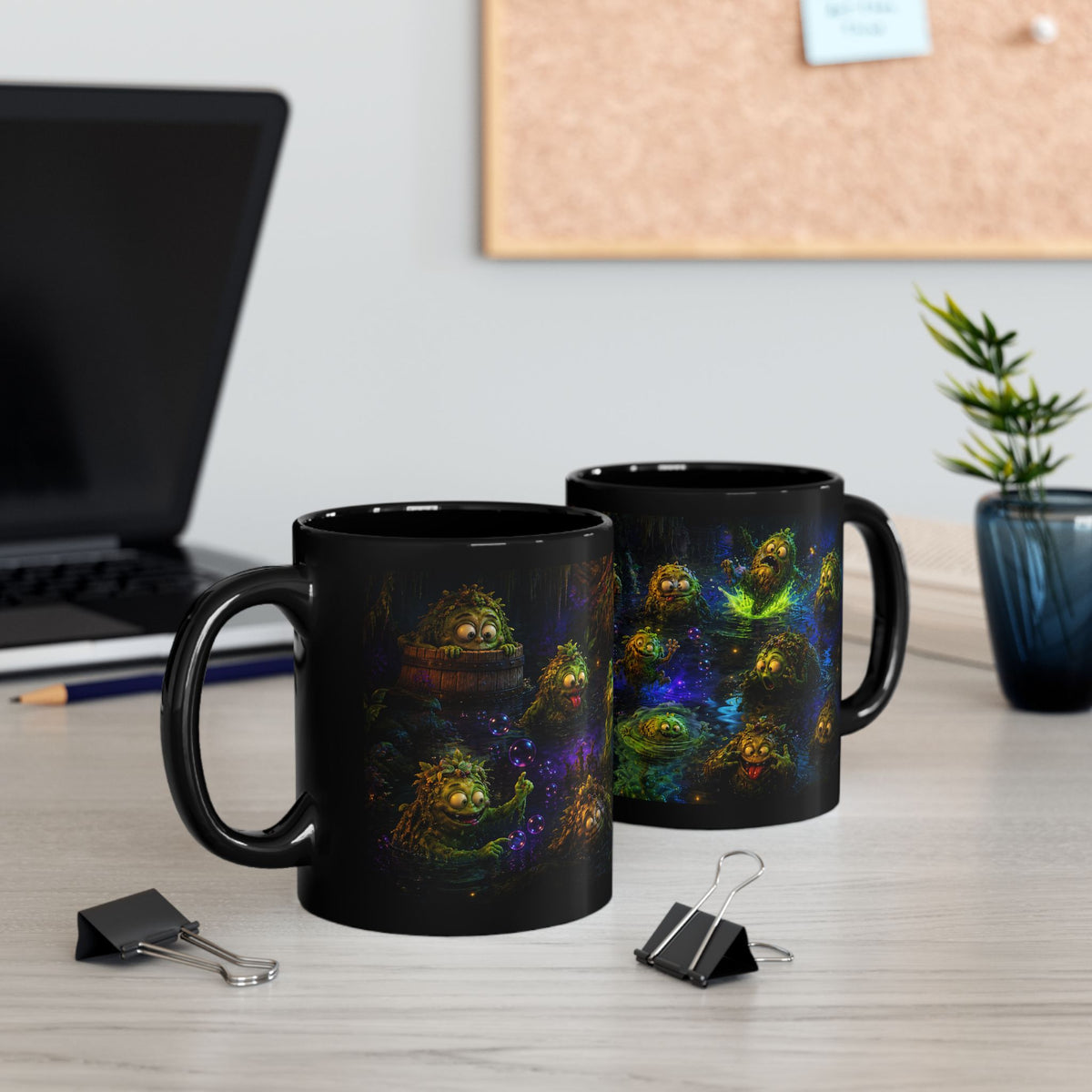 Fantasy Swamp Creatures Black Mug - Cute Mystic Bog Monsters