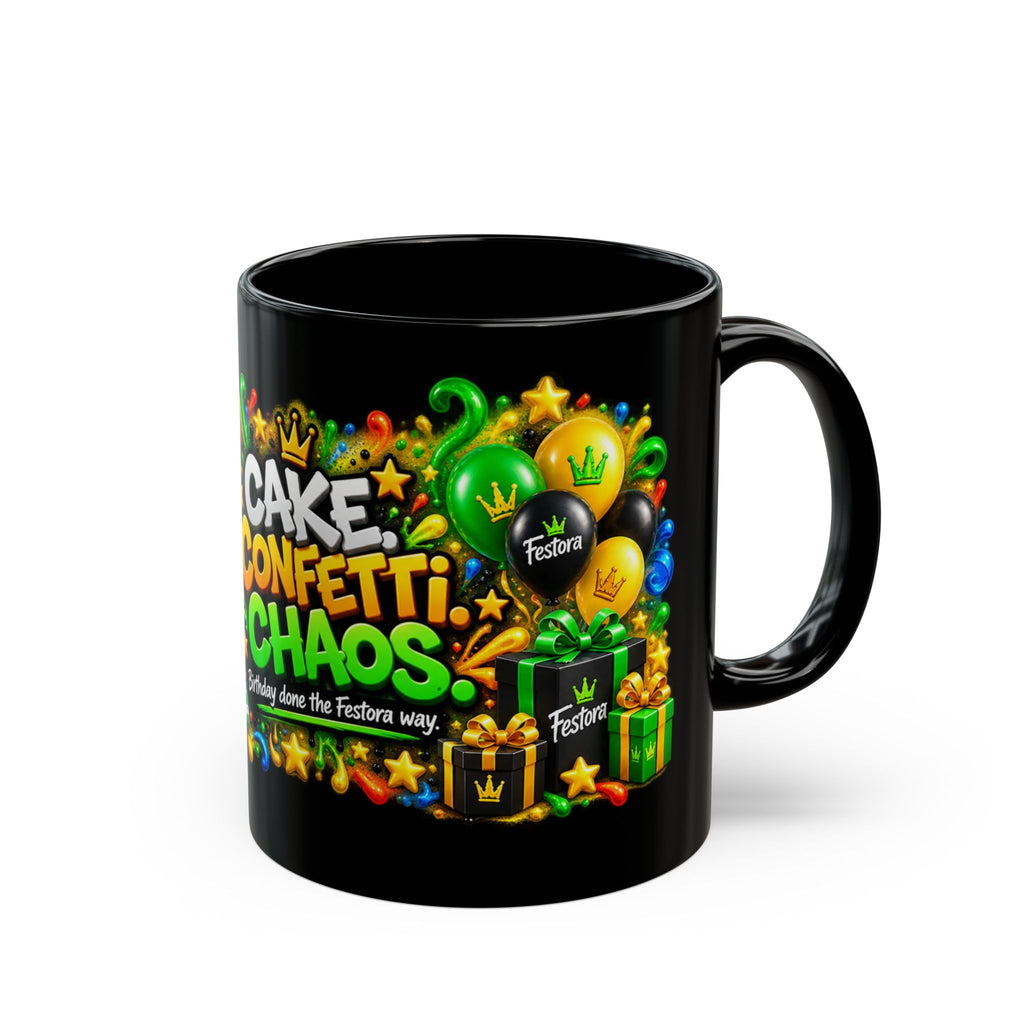 Cake Confetti Chaos Black Mug – Festora Ant Birthday Coffee Cup