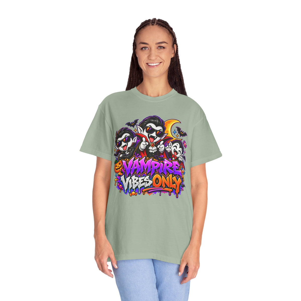 Neon Vampire Vibes Halloween Unisex Garment-Dyed T-Shirt Featuring a Cool Festora Vampire Crew