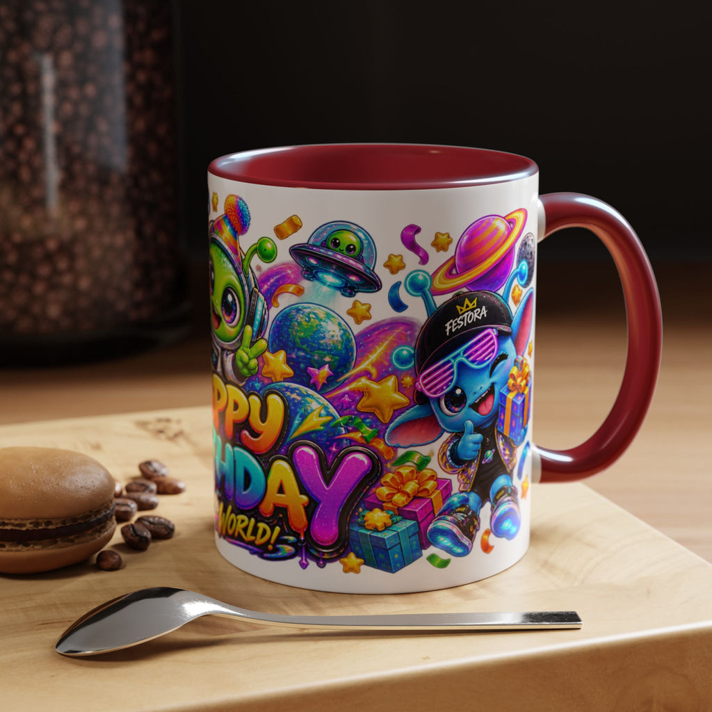 Happy Birthday Out of This World Accent Mug — Cute Alien Space Birthday Coffee Cup (11oz)