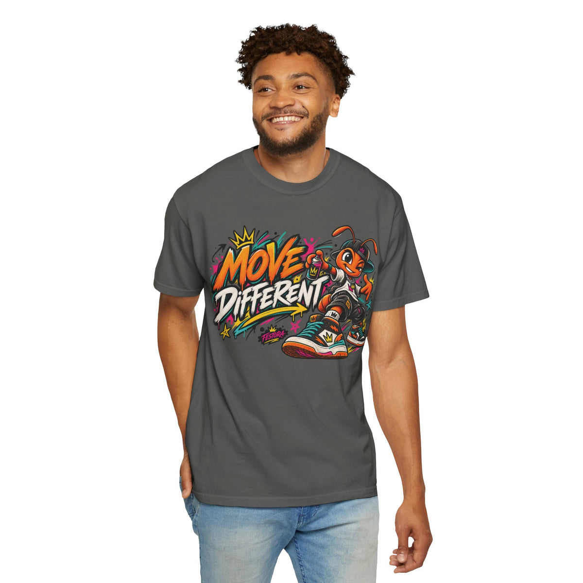 Move Different Graphic T-Shirt — Streetwear Skate Ant Mascot Design