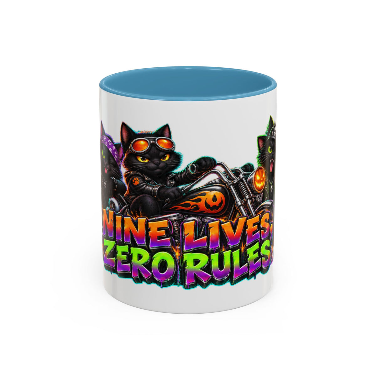 Nine Lives Zero Rules Biker Cats Halloween White Mug