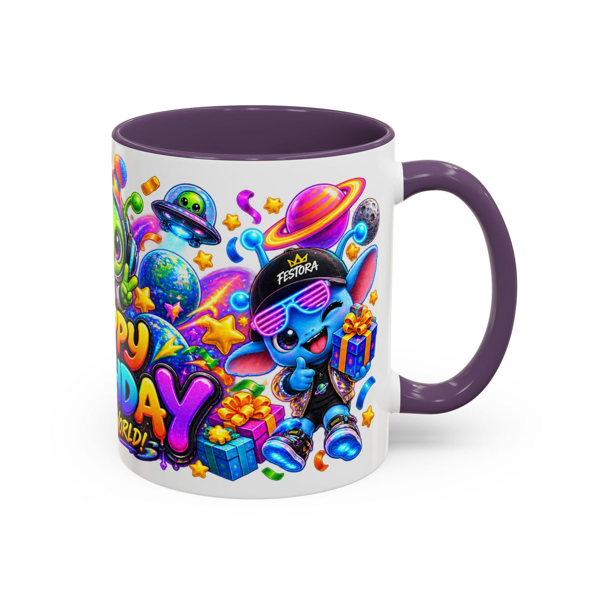 Happy Birthday Out of This World Accent Mug — Cute Alien Space Birthday Coffee Cup (11oz)